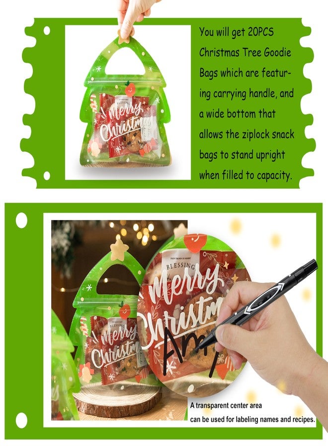 AOKELEON 20 Pcs Christmas Tree Treat Bags with Handle, Resealable & Stand-up Bottom for Holiday Party Candy - Image 4